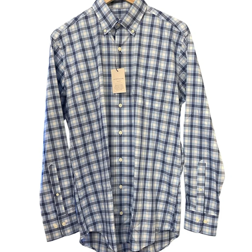 Peter Millar Men Crown Lite Performance Tech Shirt Stretch Check Size M - Picture 2 of 11